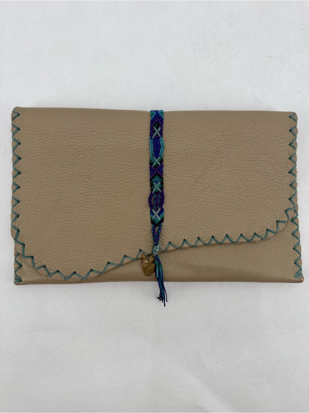 Vintage Boho Western Embroidered Whipstitch Pebbled Leather Envelope Clutch